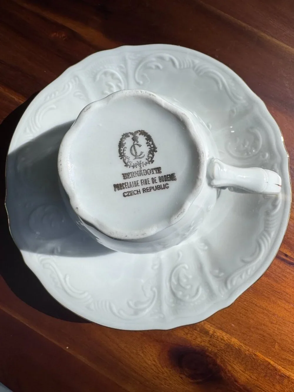 Vintage Bernadotte Czech Republic White Porcelain Teacup Saucer Set, Gold Rim